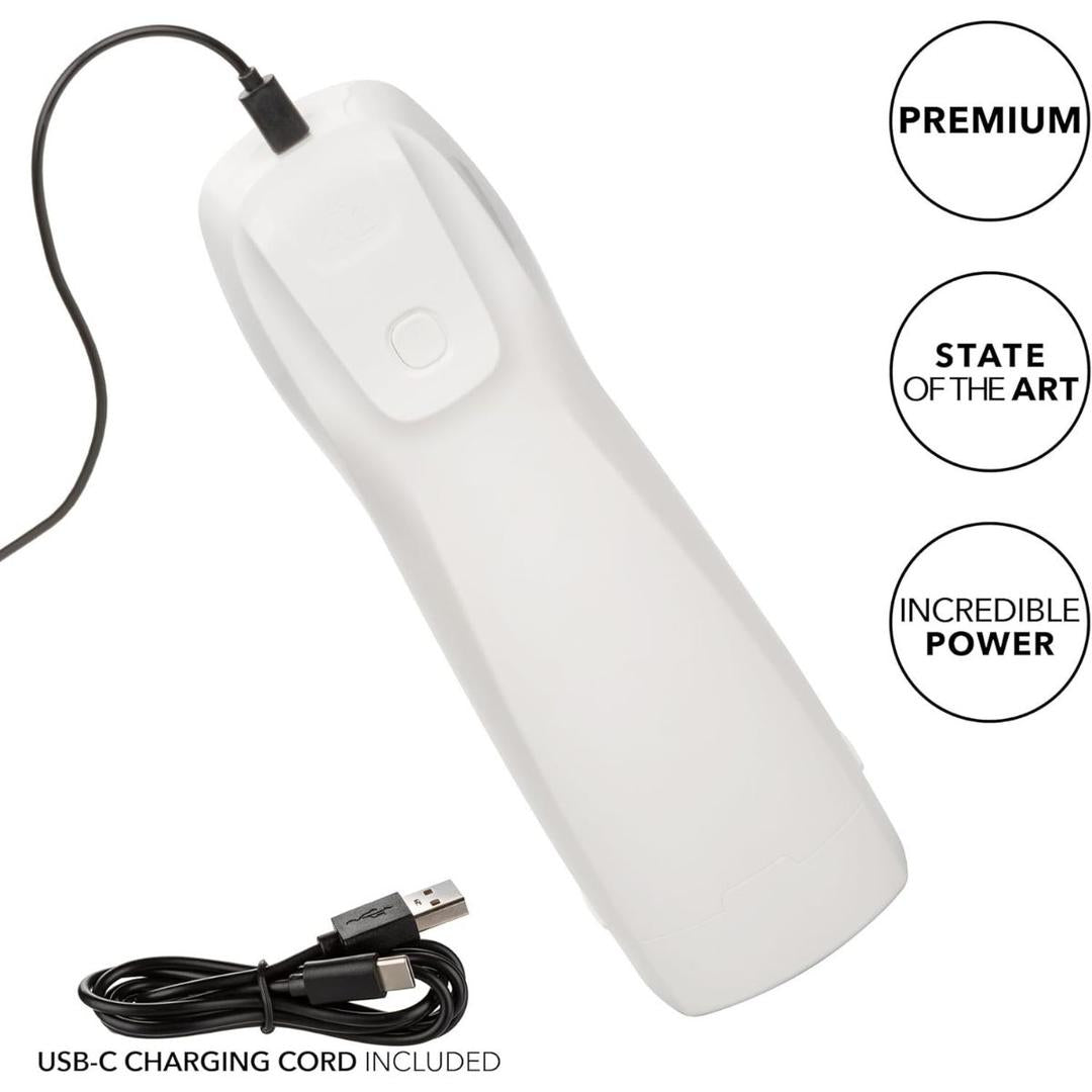 The Optimum Power Lifelike Pulsar Stroker by CalExotics is shown with a USB-C charging cord attached. Three text bubbles highlight its features: "Premium," "State of the Art," and "Incredible Power." The rechargeable cord appears at the bottom.