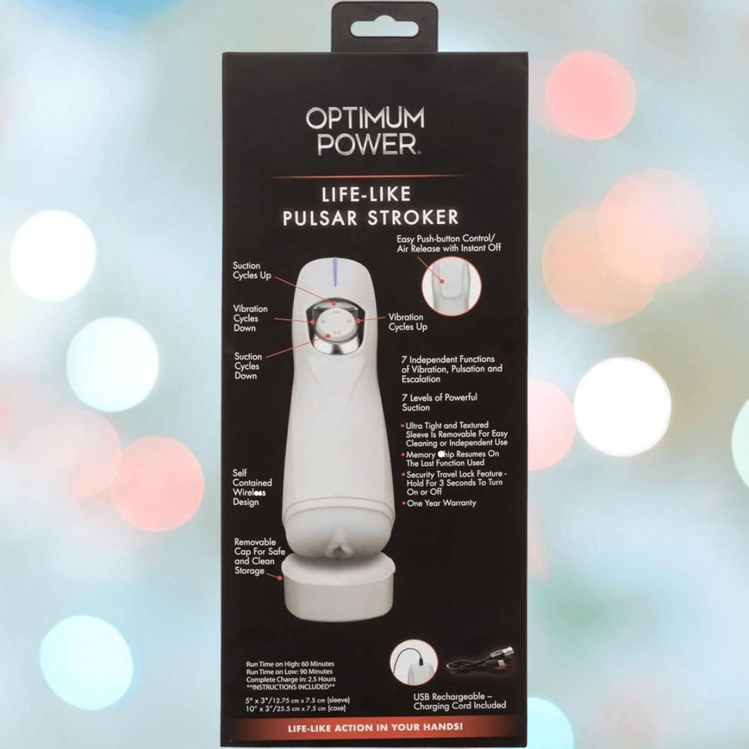 A box for the CalExotics Optimum Power Lifelike Pulsar Stroker is shown with an image of this rechargeable masturbator, highlighting its vibration and suction features, plus specs over a vibrant, blurred background.