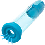 The CalExotics Optimum Series Rechargeable Advanced Waterproof Pump is a blue, transparent cylindrical device with a soft round opening and measurement markings, shown with illustrated air flow lines near the opening.