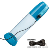 The CalExotics Optimum Series Rechargeable Advanced Waterproof Pump, a blue, clear cylindrical device with measurement markings, is shown charging via a magnetic USB cord; the cord and connector appear separately in the lower right corner.
