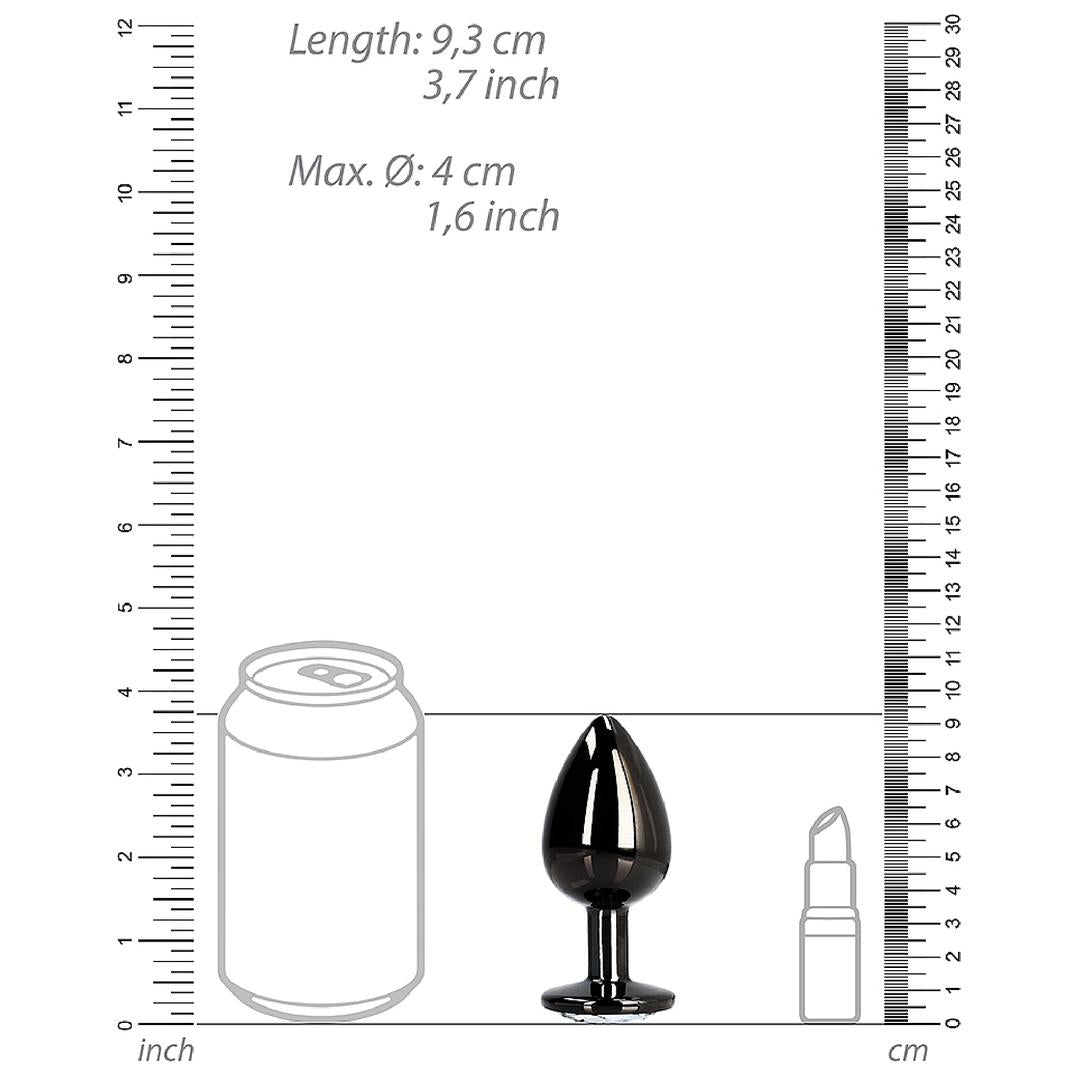 The Shots Ouch! Large Metal Butt Plug – Gunmetal with Diamond Base is displayed beside a soda can and lipstick for scale, with rulers showing its length as 9.3 cm (3.7 in) and max diameter as 4 cm (1.6 in).