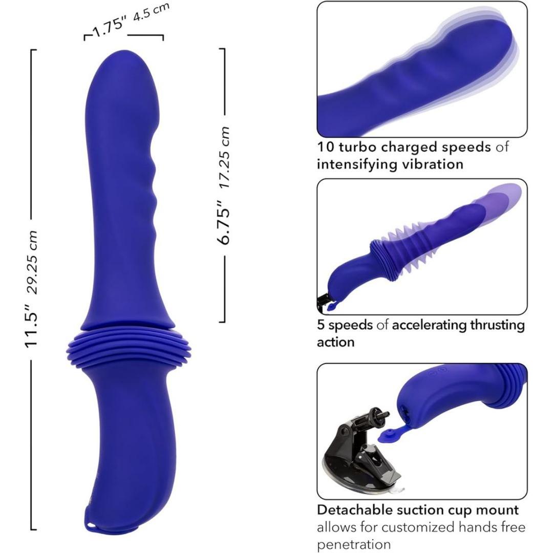 The CalExotics Overdrive Portable Sex Machine Travel Thruster is a blue silicone vibrator with a ribbed handle, curved shaft, detachable suction cup base, 10 vibration speeds, 5 thrusting modes, and customizable hands-free use.