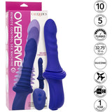 The CalExotics Overdrive Portable Sex Machine Travel Thruster, a blue silicone remote control toy with a ribbed section and wireless remote, is shown beside its packaging. Features include 10 vibration speeds and USB rechargeability.
