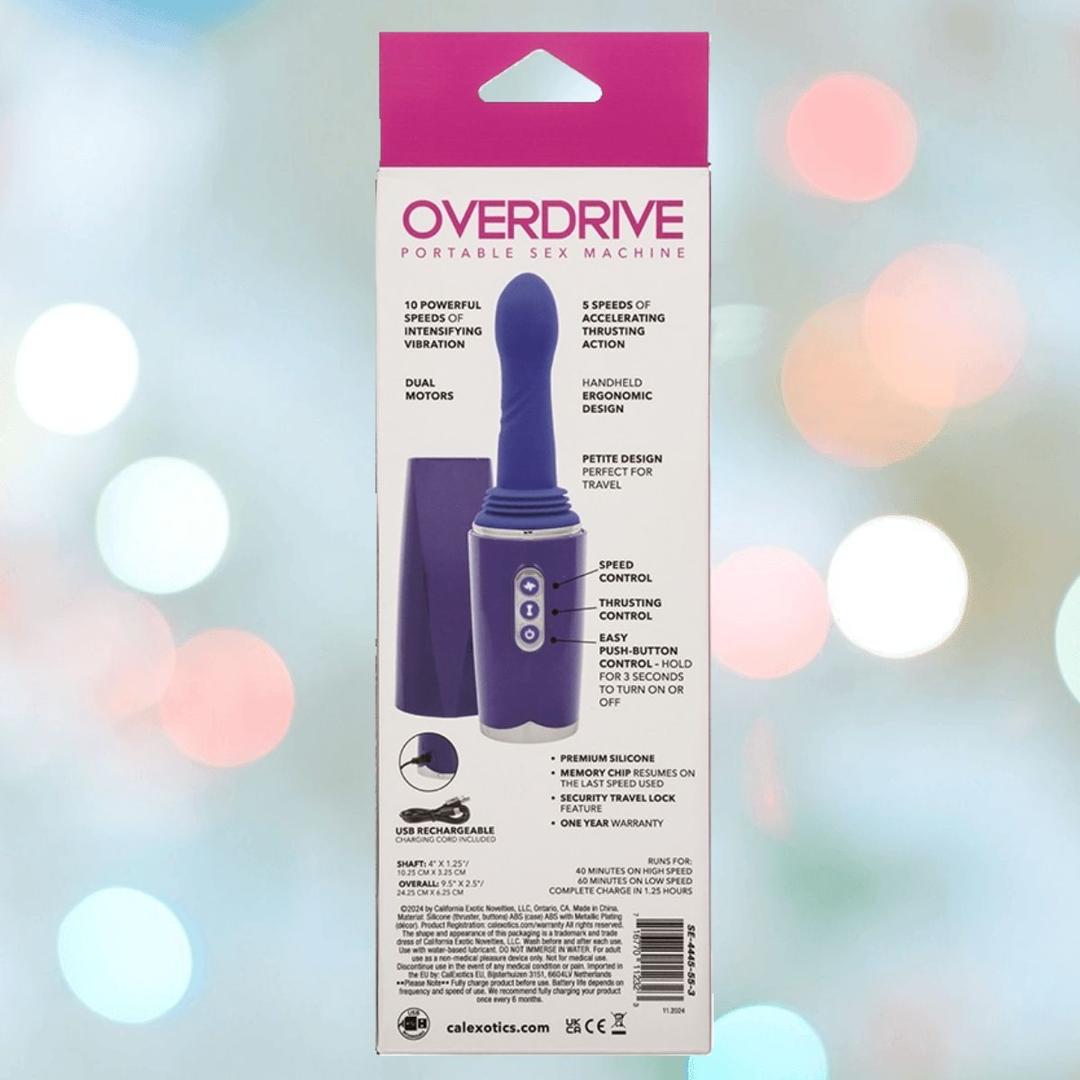 Box for the CalExotics Overdrive Portable Sex Machine Travel Thruster displays product image, key features, and specs on back—highlighting vibrations, motors, and design—set against a background of soft, colorful lights.