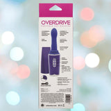 Box for the CalExotics Overdrive Portable Sex Machine Travel Thruster displays product image, key features, and specs on back—highlighting vibrations, motors, and design—set against a background of soft, colorful lights.