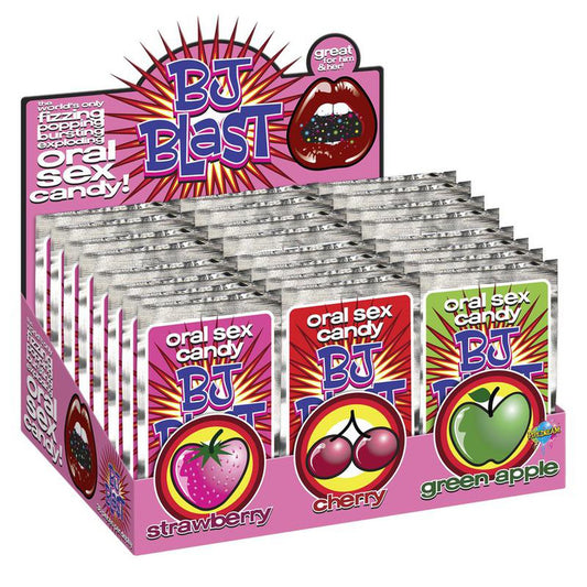 Display Pipedream's BJ BLAST 36PC DISPLAY, featuring oral sex candy in three flavors: strawberry, cherry, and green apple. Each flavor is presented in its own colorful packet with a fruit icon and the text "Oral Sex Candy BJ Blast. 1080