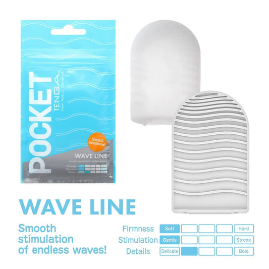 A Tenga Pocket Wave Line: Disposable, Smooth Male Masturbation Sleeve by Tenga is displayed beside its textured white sleeve, emphasizing its soft firmness, wave-like texture for gentle stimulation, and travel-friendly design. 1080