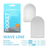 A Tenga Pocket Wave Line: Disposable, Smooth Male Masturbation Sleeve by Tenga is displayed beside its textured white sleeve, emphasizing its soft firmness, wave-like texture for gentle stimulation, and travel-friendly design.