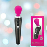 A BMS PalmPower Extreme Wand Massager - Pink stands beside its bright pink box, which displays the silicone massager on the front. The background features blurred pastel light circles.