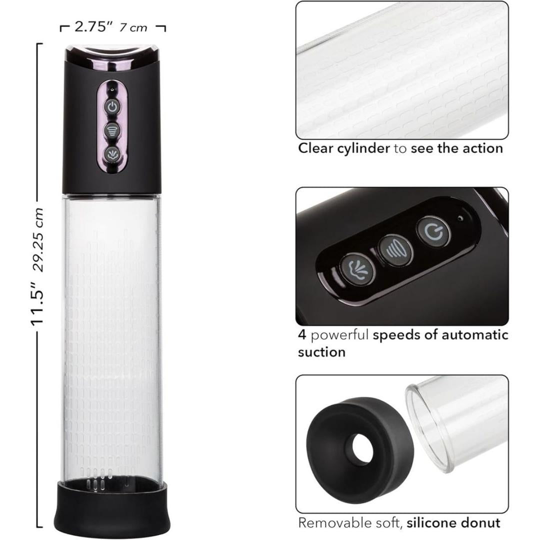 The CalExotics Peak Rechargeable Penis Pump is a transparent cylindrical pump with a black top featuring control buttons and four suction speeds. It has a soft, removable silicone ring, measures 11.5" tall by 2.75" wide, and is fully rechargeable.