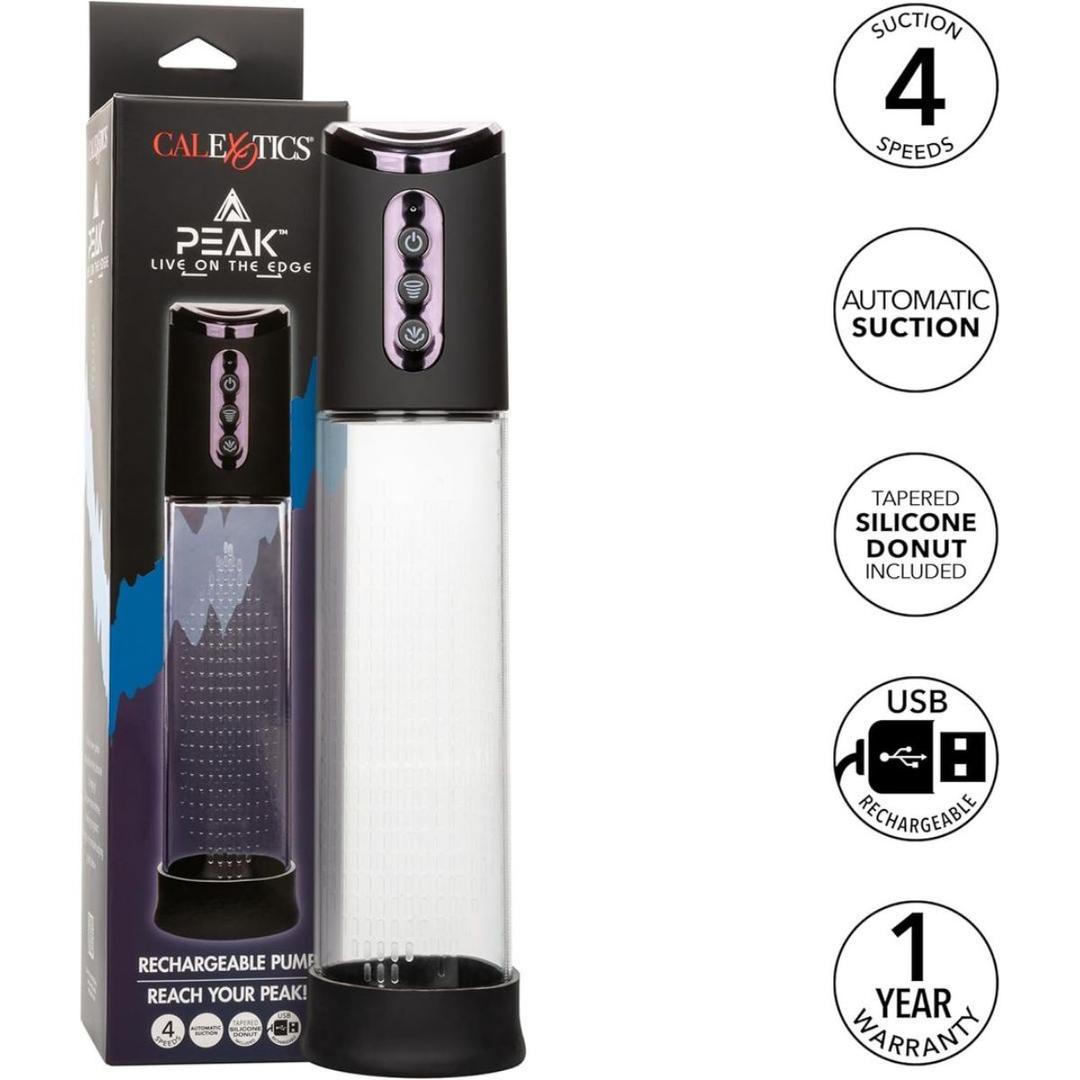 The CalExotics Peak Rechargeable Penis Pump, shown with packaging, features a black base and purple top, 4 speeds, automatic suction, a tapered silicone donut, USB rechargeability, and includes a 1-year warranty.