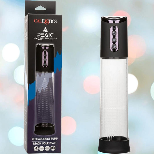 The CalExotics Peak Rechargeable Penis Pump features a transparent chamber, black top, and blue mountain design on its box. It offers automatic suction pump technology for intimate enhancement and is shown next to its product packaging. 1080