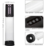The CalExotics Peak Rechargeable Penis Pump is a transparent cylindrical pump with a black top featuring control buttons and four suction speeds. It has a soft, removable silicone ring, measures 11.5" tall by 2.75" wide, and is fully rechargeable.