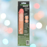 A package for CalExotics' Performance Maxx Liquid Silicone Extension System - Ivory displays an illustrated penis sleeve with labeled features and customizable fit options on a blurred, colorful background.