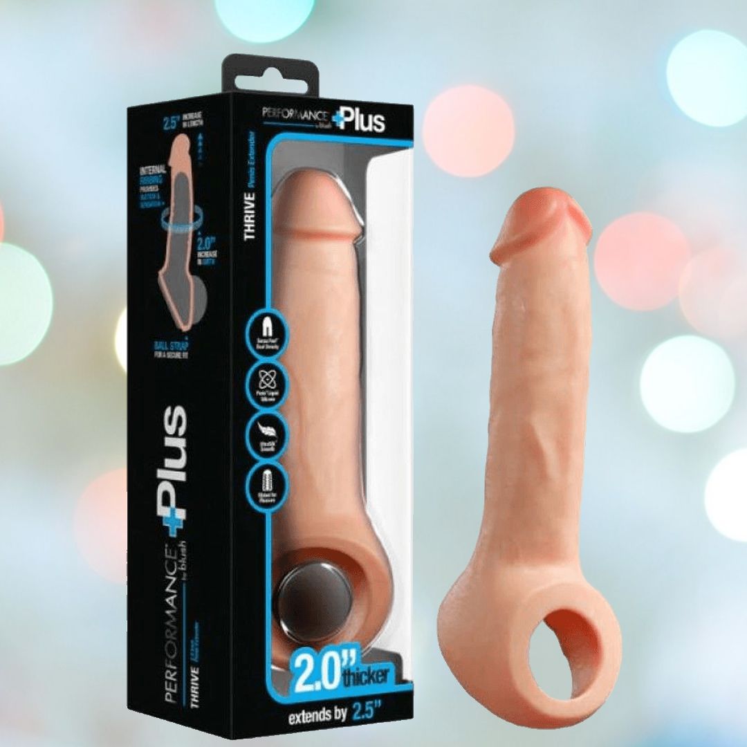 An image showcases the Performance Plus Thrive 2.5" Penis Xtender - Beige by Blush Novelties, a realistic skin-colored wearable sleeve with an open end, made from Sensa Feel Dual Density Silicone. The packaging emphasizes benefits such as "2.0” thicker" and "extends by 2.5” for enhanced performance.