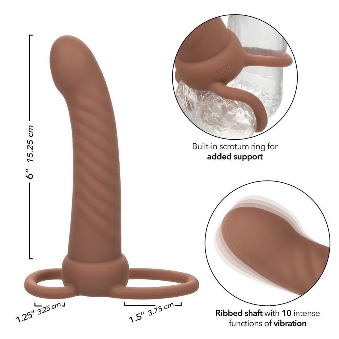 The CalExotics Performance Maxx Rechargeable Ribbed Dual Penetrator in brown features a textured shaft, built-in scrotum ring for support, wide base, and vibration functions; close-ups highlight the support ring and ribbed design for double pleasure.