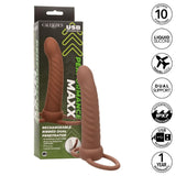 The image displays the CalExotics Performance Maxx Rechargeable Ribbed Dual Penetrator in brown with a ringed base beside its packaging. Feature icons show it's USB rechargeable, waterproof, and offers 10 vibration modes for double pleasure.