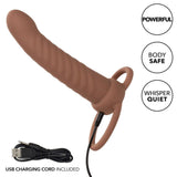 The CalExotics Performance Maxx Rechargeable Ribbed Dual Penetrator in brown features a built-in loop handle, USB charging, and delivers powerful, body-safe, and whisper-quiet pleasure. USB charging cord included for double stimulation.
