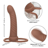 The CalExotics Performance Maxx Rechargeable Ribbed Dual Penetrator in brown features a textured shaft, built-in scrotum ring for support, wide base, and vibration functions; close-ups highlight the support ring and ribbed design for double pleasure.