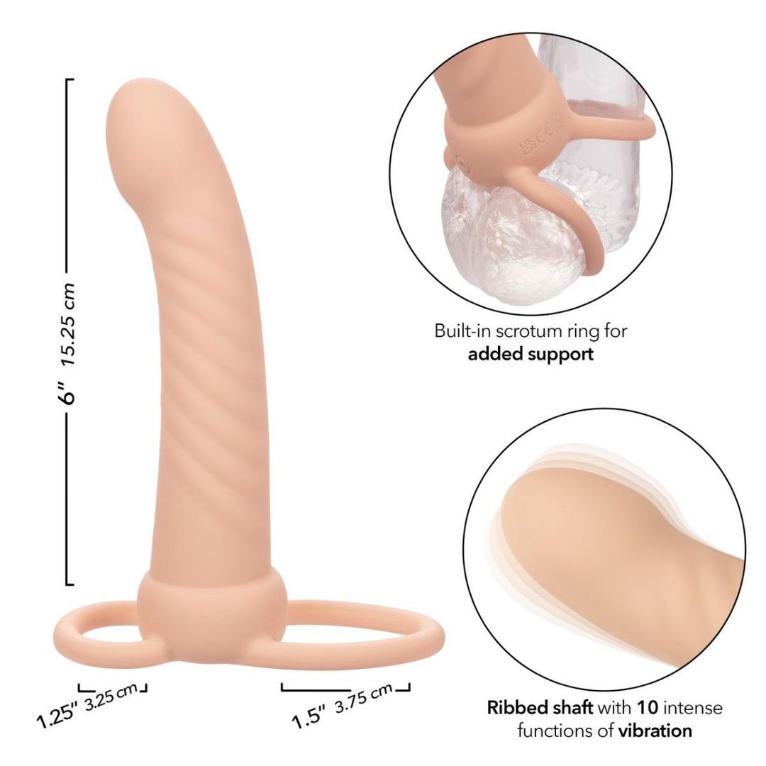 The CalExotics Performance Maxx Rechargeable Ribbed Dual Penetrator - Ivory features a ribbed shaft, built-in scrotum ring for extra support, and 10 powerful vibration functions. Images highlight close-ups of the ring in use and the vibrating shaft.