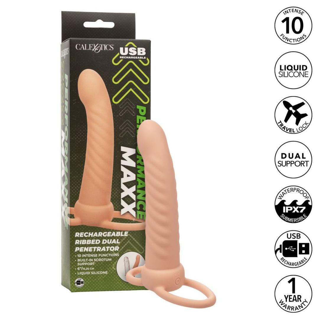 The CalExotics Performance Maxx Rechargeable Ribbed Dual Penetrator - Ivory, shown beside its packaging, features a ring handle, intense vibrations, is waterproof, and offers easy USB charging as noted on the box.