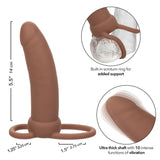 The CalExotics Performance Maxx Rechargeable Thick Dual Penetrator in brown features a built-in scrotum ring for support and an ultra-thick shaft. Insets show the ring on a transparent model, vibrating function, and measurements in inches and centimeters.