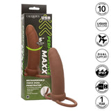 The CalExotics Performance Maxx Rechargeable Thick Dual Penetrator in brown stands by its box, featuring a ring handle. It boasts 10 functions, waterproof liquid silicone construction, USB rechargeability, and a 1-year warranty.