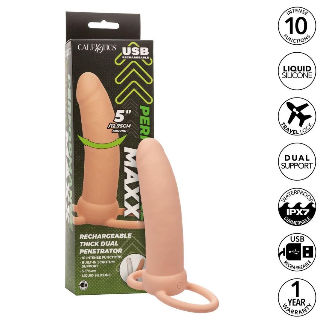 Box for CalExotics Performance Maxx Rechargeable Thick Dual Penetrator - Ivory, featuring "USB Rechargeable," 10 functions, thick vibrator design, liquid silicone, waterproof build, travel lock, and 1-year warranty.