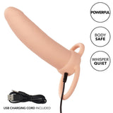 The Performance Maxx Rechargeable Thick Dual Penetrator by CalExotics features a curved, ivory design, powerful whisper-quiet motor, body-safe materials, and comes with a USB charging cord. Text: "POWERFUL," "BODY SAFE," "WHISPER QUIET," "USB CHARGING CORD INCLUDED.