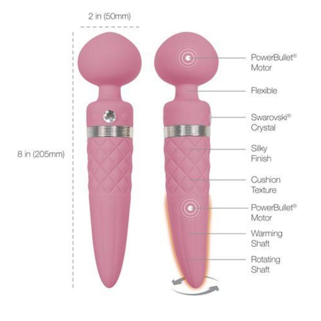 Two Pillow Talk Sultry Wand Massagers by BMS in pink, each with a flexible head, PowerBullet motor, Swarovski crystal accent, cushioned silky texture, G-spot stimulation, warming and rotating shaft.