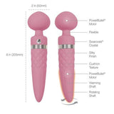Two Pillow Talk Sultry Wand Massagers by BMS in pink, each with a flexible head, PowerBullet motor, Swarovski crystal accent, cushioned silky texture, G-spot stimulation, warming and rotating shaft.