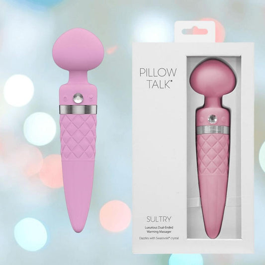 The BMS Pillow Talk Sultry Wand Massager - Pink, featuring a dual-ended design, quilted grip, and rotating shaft, is shown beside its box with matching product image and branding on a soft pastel background. 1080