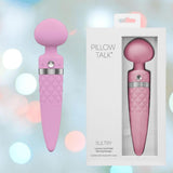 The BMS Pillow Talk Sultry Wand Massager - Pink, featuring a dual-ended design, quilted grip, and rotating shaft, is shown beside its box with matching product image and branding on a soft pastel background.