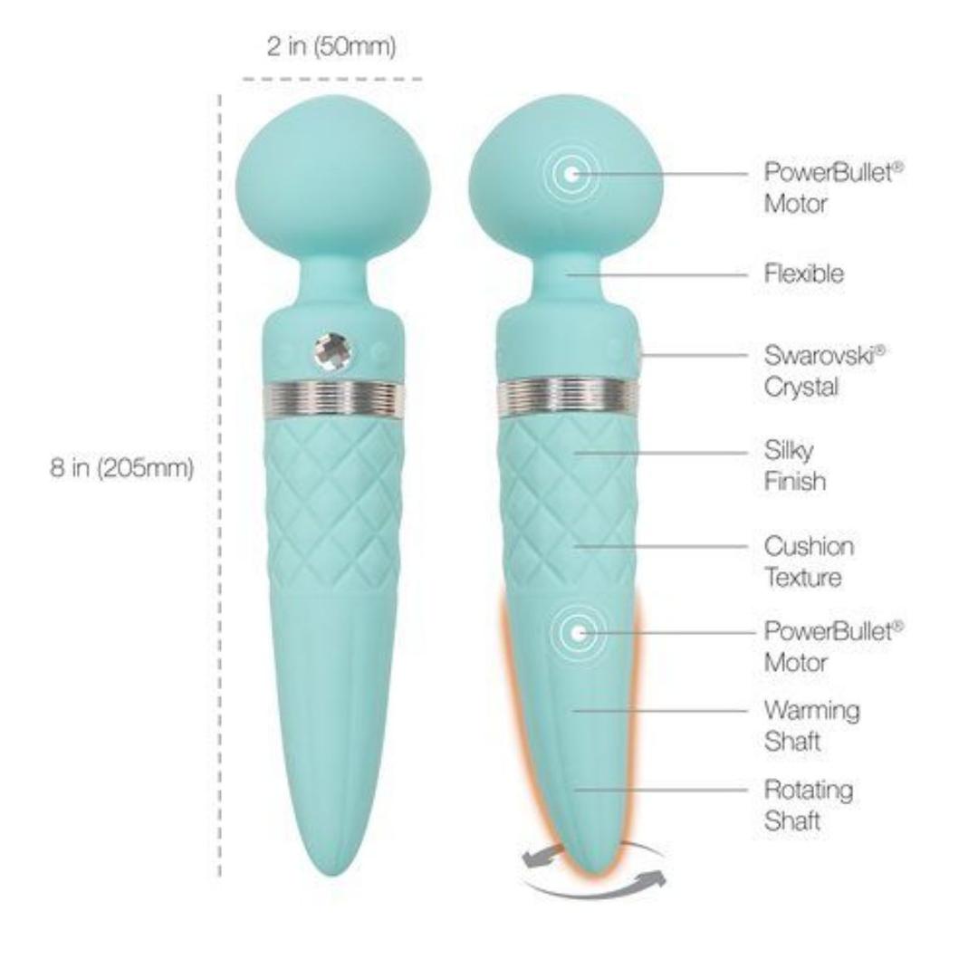 The Pillow Talk Sultry Wand Massagers by BMS, in teal, are 8-inch textured wands featuring a PowerBullet motor, Swarovski crystal, cushion texture, warming function, and G-spot stimulation—all clearly labeled on the product.