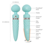 The Pillow Talk Sultry Wand Massagers by BMS, in teal, are 8-inch textured wands featuring a PowerBullet motor, Swarovski crystal, cushion texture, warming function, and G-spot stimulation—all clearly labeled on the product.