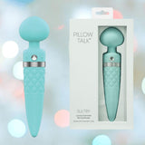 The BMS Pillow Talk Sultry Wand Massager in teal, featuring a quilted grip and silver accent, is displayed beside its white and clear packaging. Powerful vibrations await against a softly blurred pastel background.