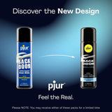 Advertising image featuring two bottles of Pjur Backdoor lubricant with a fresh design. The blue bottle highlights Pjur Backdoor Comfort Water-Based Anal Glide, while the black one showcases a moisturizing anal lubricant with hyaluron, all set against a dark blue background.