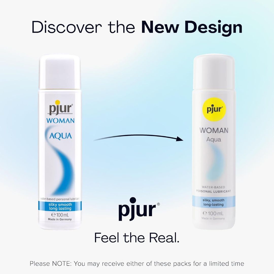 The image shows two bottles of Pjur Woman Aqua Personal Lubricant (3.4oz). The left bottle features the previous design, while the right bottle boasts a sleek, modern look. A small arrow points to this water-based upgrade, with text emphasizing its fresh appearance.