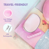 The Play With Me Sugar Crush - Pink by Blush Novelties, a body-safe silicone clitoral vibrator, is packed in a suitcase with heart-shaped sunglasses and a pastel pink travel case. Text: “Travel-Friendly,” plus “Low Voltage Reminder” & “USB Rechargeable” icons.