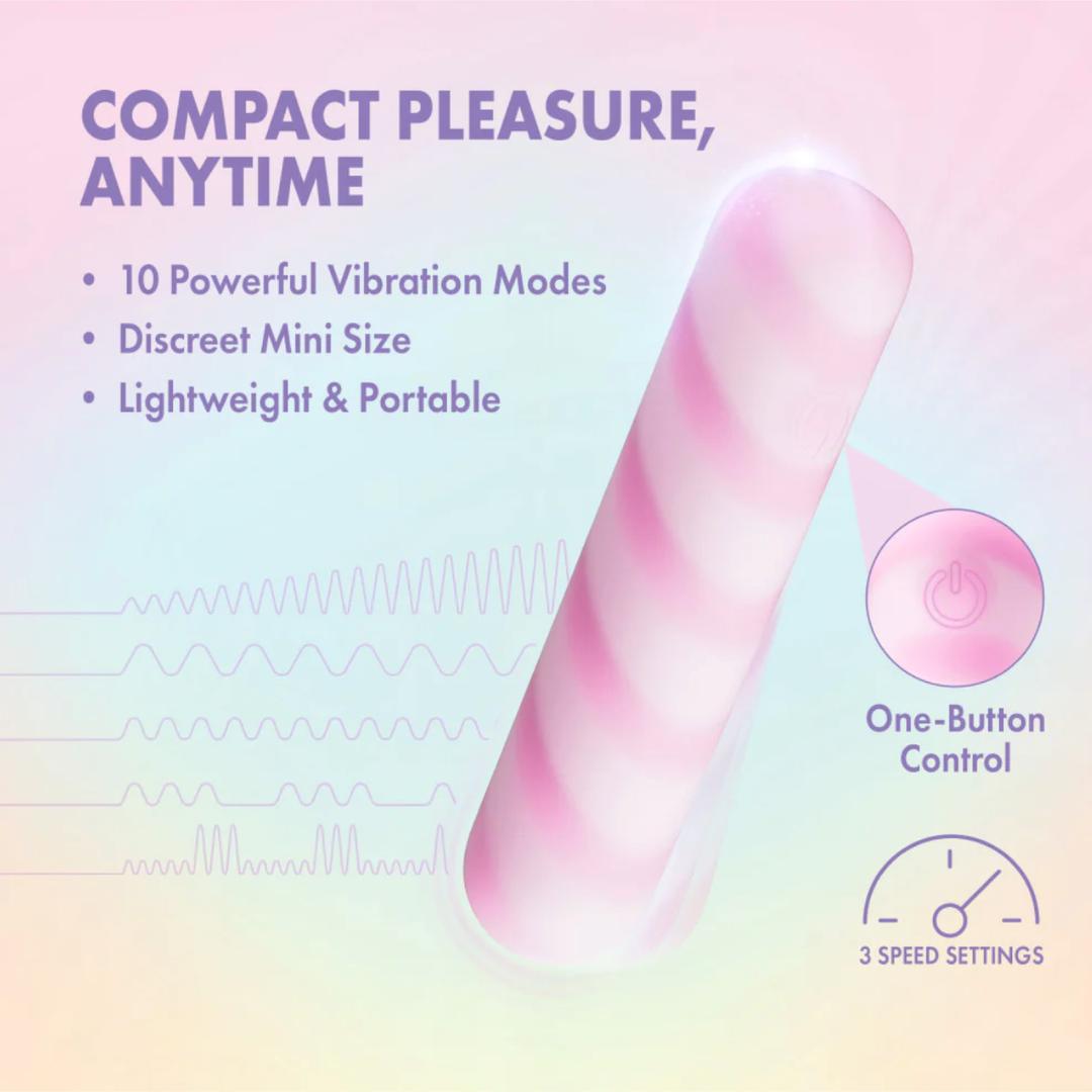 Introducing the Play With Me Sugar Crush - Pink by Blush Novelties: a pink and white striped clitoral vibrator in body-safe silicone, with 10 vibration modes, 3 speeds, one-button control, and a discreet mini size—perfect for on-the-go pleasure.
