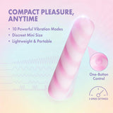 Introducing the Play With Me Sugar Crush - Pink by Blush Novelties: a pink and white striped clitoral vibrator in body-safe silicone, with 10 vibration modes, 3 speeds, one-button control, and a discreet mini size—perfect for on-the-go pleasure.