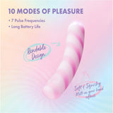 The Blush Novelties Play With Me Sugar Crush - Pink clitoral vibrator, in pastel pink and white stripes, is shown on a rainbow background, featuring 10 pleasure modes, a bendable design, soft body-safe silicone, 7 pulse settings, and long battery life.