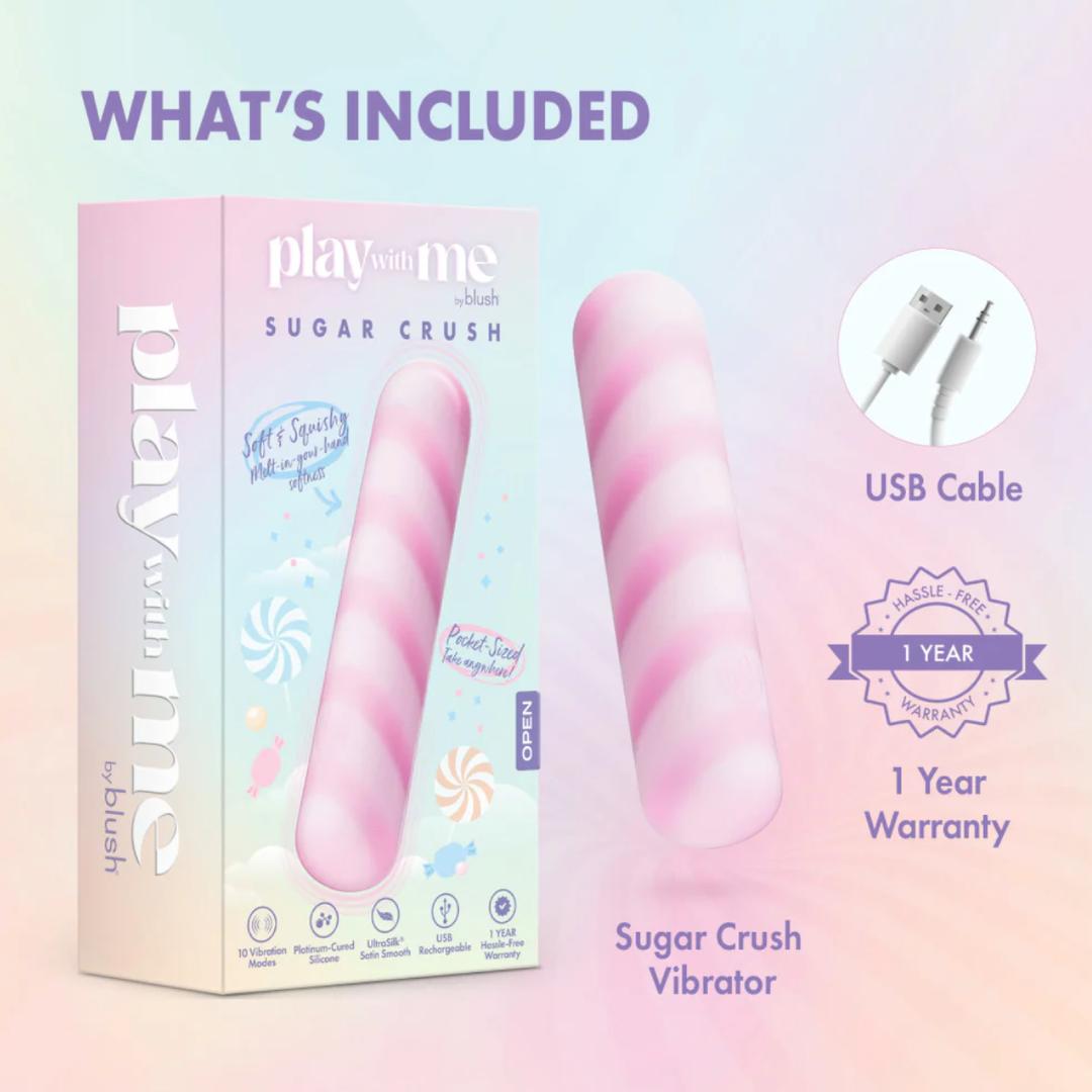 A pastel product image shows the Blush Novelties Play With Me Sugar Crush - Pink vibrator with swirled patterns, a USB cable, and a 1-year warranty badge. Text: "What's Included".
