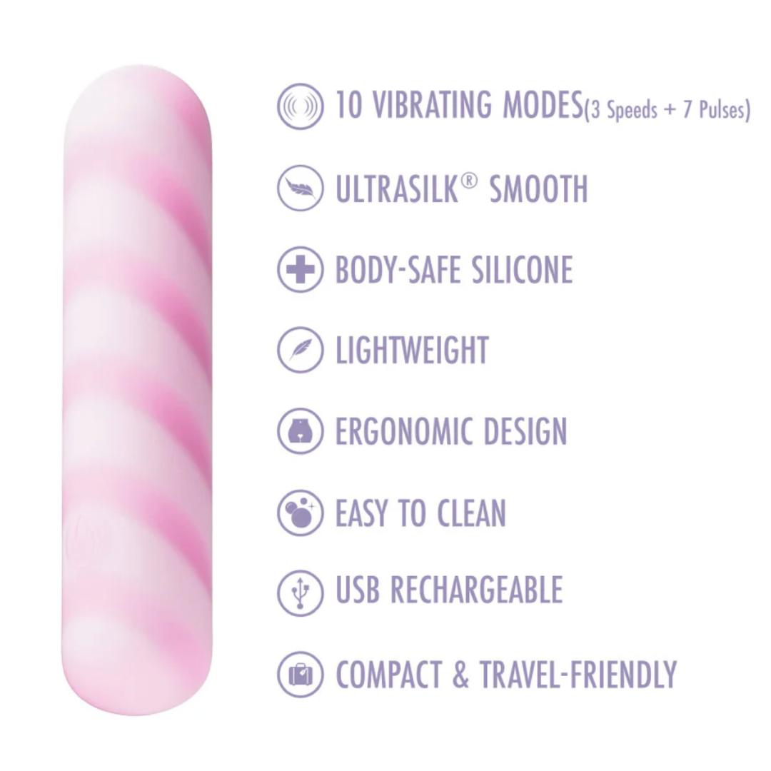 The Play With Me Sugar Crush - Pink by Blush Novelties is a pink and white striped clitoral vibrator with 10 vibration modes, Ultrasilk smooth body-safe silicone, ergonomic lightweight design, waterproof construction, easy cleaning, USB rechargeability, and travel-friendly size.