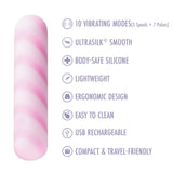 The Play With Me Sugar Crush - Pink by Blush Novelties is a pink and white striped clitoral vibrator with 10 vibration modes, Ultrasilk smooth body-safe silicone, ergonomic lightweight design, waterproof construction, easy cleaning, USB rechargeability, and travel-friendly size.