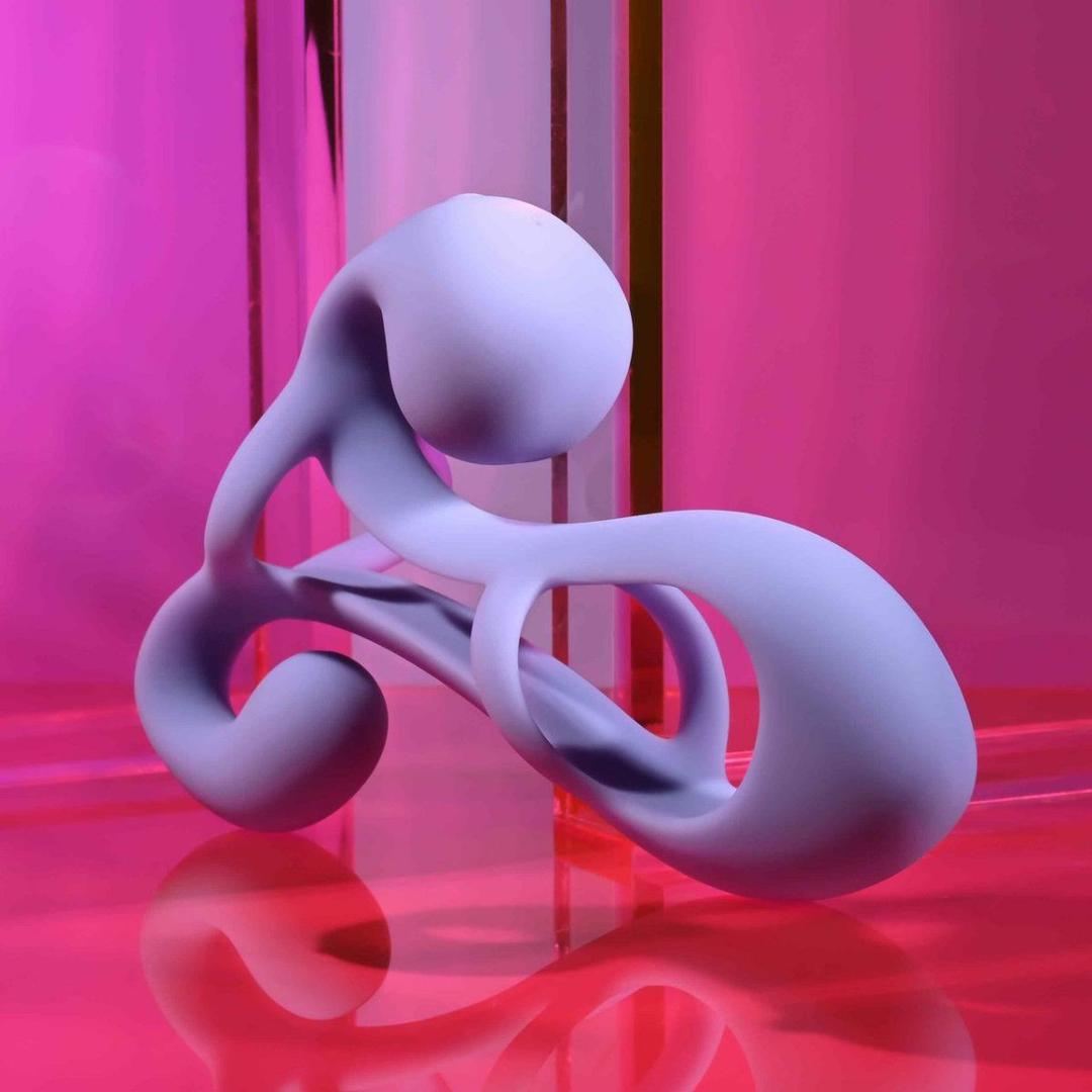 The Playboy Fantasy Cage by Evolved Novelties is a sleek, abstract purple sculpture with flowing curves, set against a vivid pink and red backdrop with glossy reflections.