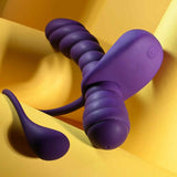 The Playboy Twisted Playground by Evolved Novelties—a purple, textured silicone vibrator with a matching slim accessory—is displayed on a yellow background with curved surfaces and soft shadows.