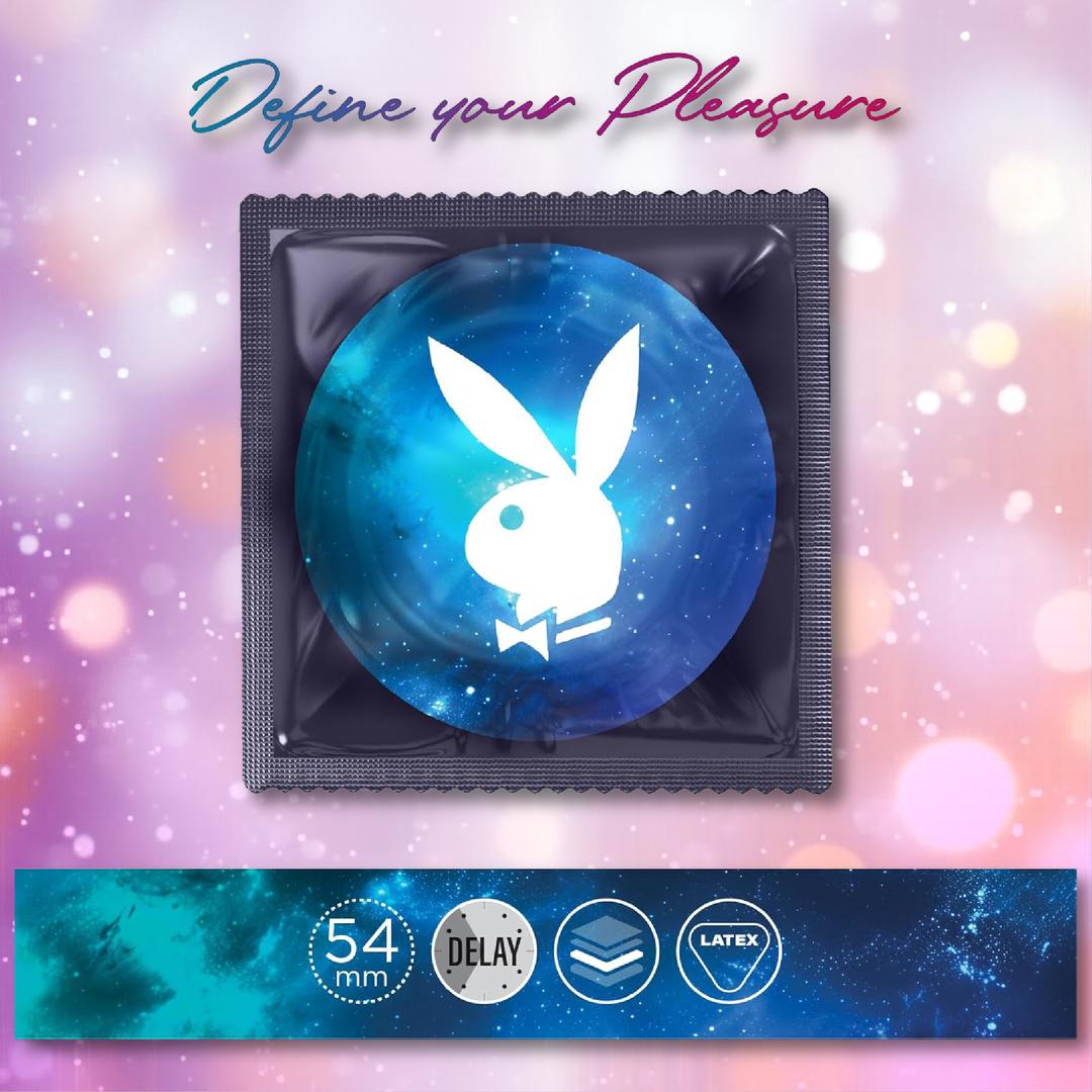 A blue Playboy Condoms - Pause Play Longer wrapper with the Playboy bunny logo is shown on a vibrant background. Text above reads "Define your Pleasure." Icons indicate 54mm size, delay effect, textured, and premium lubrication.