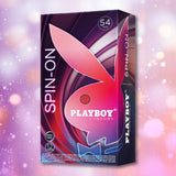 A box of Playboy Condoms - Spin-On Double Spiral by Playboy, featuring "54 mm," "12," and premium lubricated condoms with double spiral texture, set against a colorful abstract background with a large pink bunny logo.