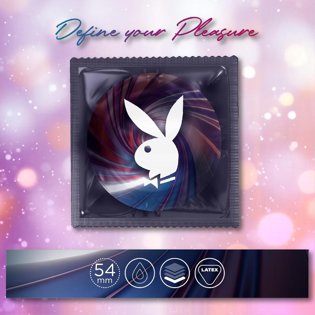 A packet of Playboy Condoms - Spin-On Double Spiral, featuring the Playboy bunny logo, is centered on a colorful background. Above, "Define your Pleasure" highlights this premium lubricated 54mm latex condom with 3 layers.